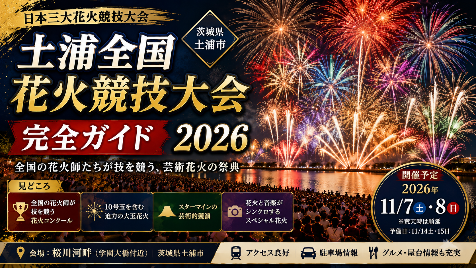 桜川の夜空を色鮮やかな花火が埋め尽くし大勢の観客が見守る土浦全国花火競技大会