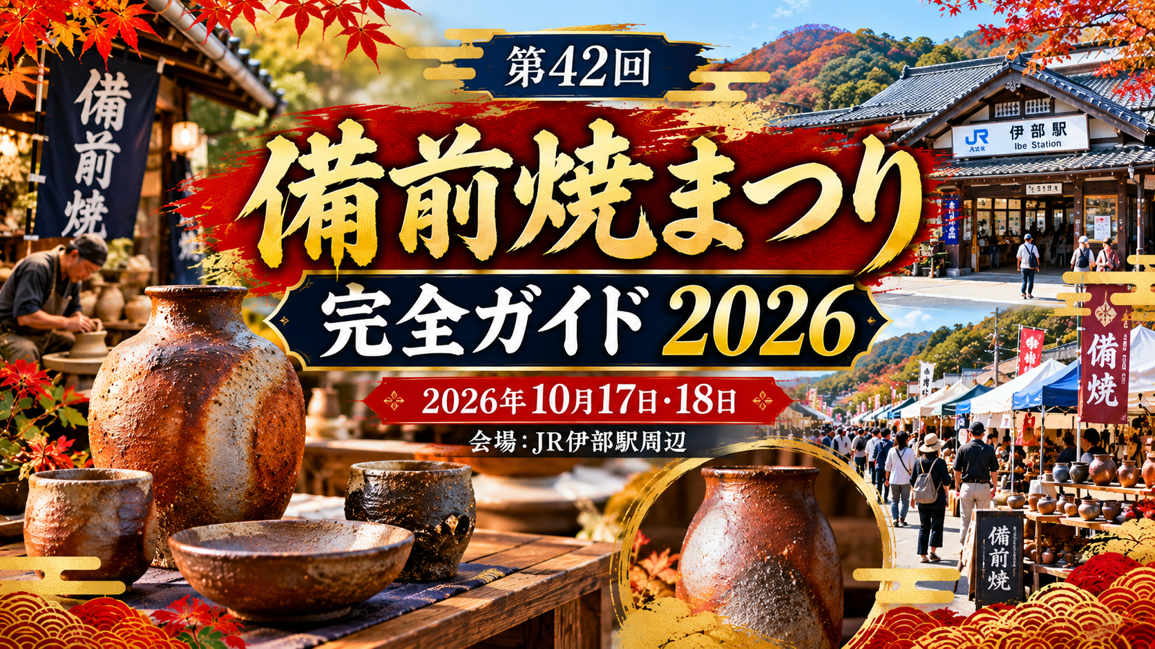 備前焼の器や花器が並ぶ会場を大勢の人が訪れる秋の備前焼まつり