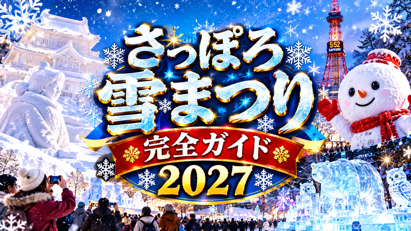 雪像や氷像、雪だるま、さっぽろテレビ塔、ライトアップされた雪景色を描いたさっぽろ雪まつりのアイキャッチ画像